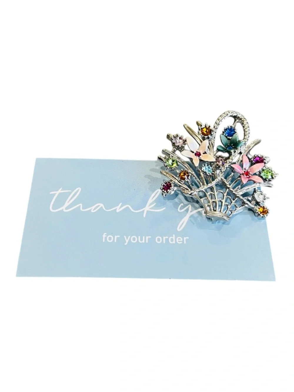 Vintage Flower Basket Brooch – Silver Tone with Rhinestones & Enamel - Picture 3 of 3